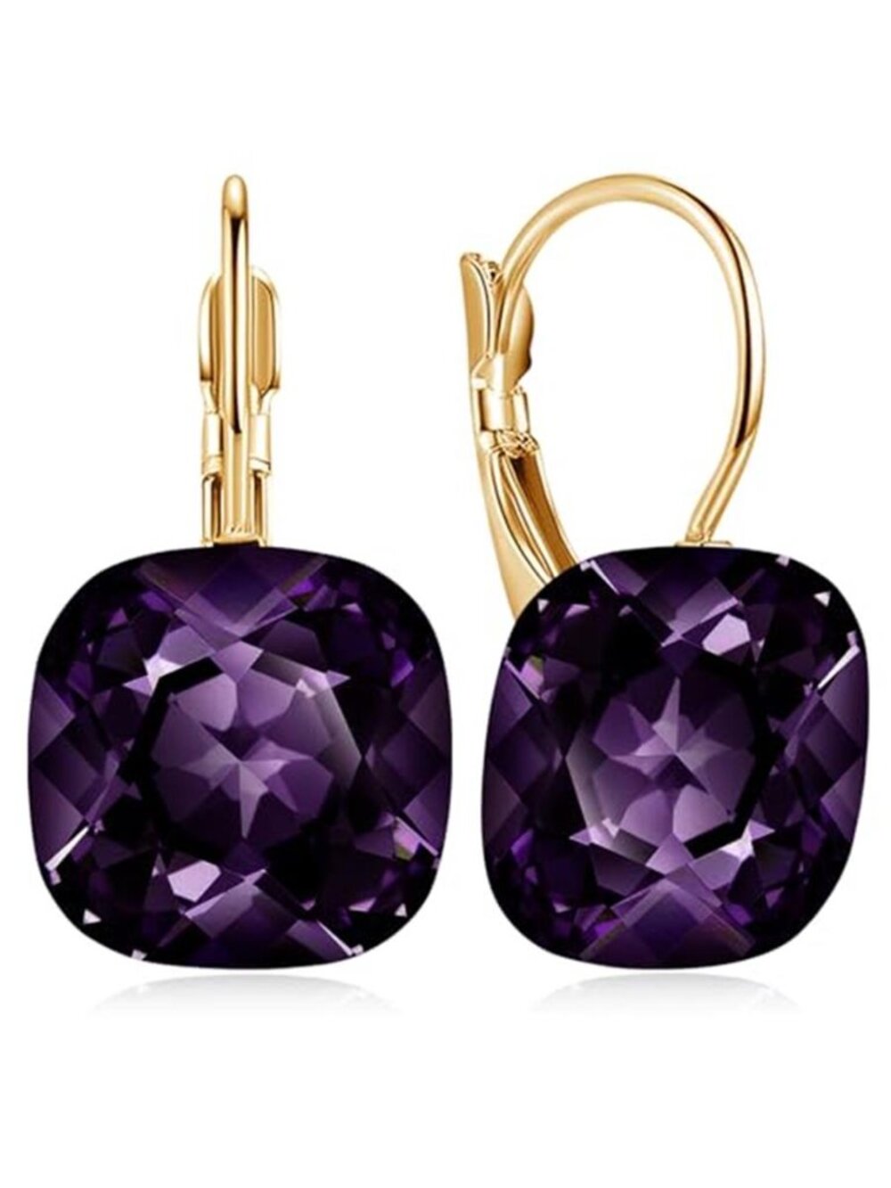 Purple Square Crystal Drop Earrings Gold Tone Leverback Statement Dangle